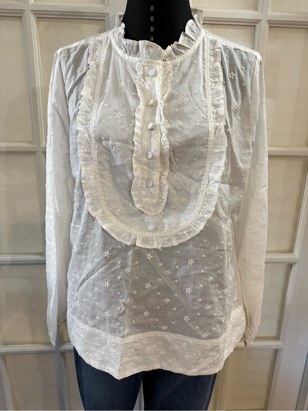 J. Crew White Eyelet Ruffle Bib Blouse